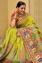 Load image into Gallery viewer, Lime Green Zari Woven Handwork Embroidery Dola Silk Saree With Blouse