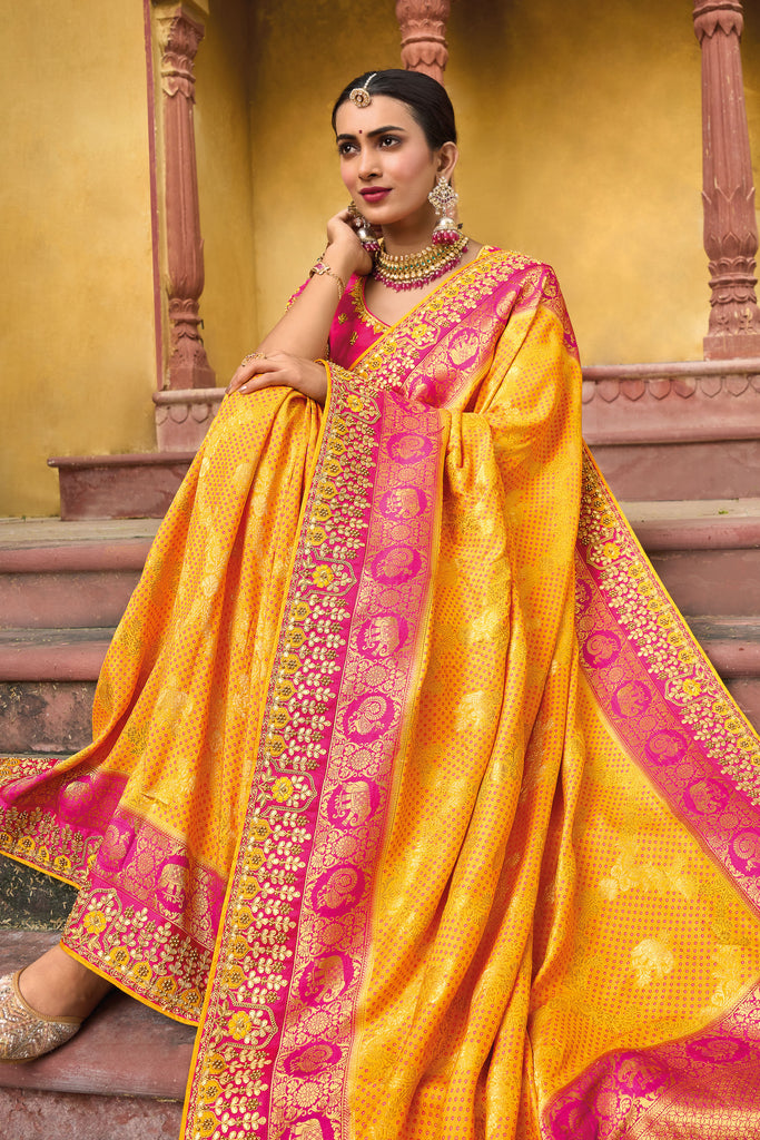 Yellow With Pink Border Handwork Embroidery Dola Silk Saree With Blouse