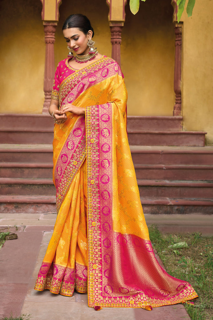 Yellow With Pink Border Handwork Embroidery Dola Silk Saree With Blouse