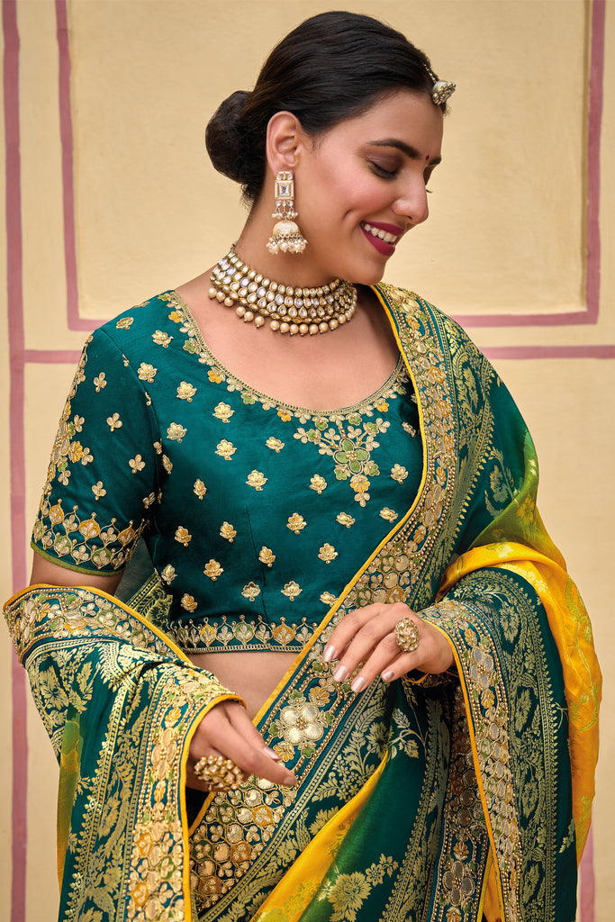 Yellow & Green Zari Woven Handwork Embroidery Dola Silk Saree With Blouse