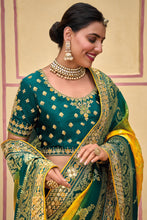 Load image into Gallery viewer, Yellow &amp; Green Zari Woven Handwork Embroidery Dola Silk Saree With Blouse