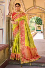 Load image into Gallery viewer, Fluorescent Green Zari Woven Handwork Embroidery Dola Silk Saree With Blouse