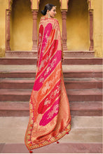 Load image into Gallery viewer, Orange Red Zari Woven Handwork Embroidery Dola Silk Saree With Blouse
