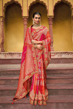 Load image into Gallery viewer, Orange Red Zari Woven Handwork Embroidery Dola Silk Saree With Blouse