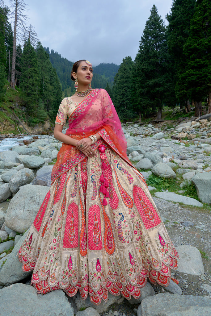 Cream & Pink Stone Embroidered Banarasi Silk Lehenga