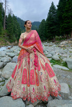 Load image into Gallery viewer, Cream &amp; Pink Stone Embroidered Banarasi Silk Lehenga