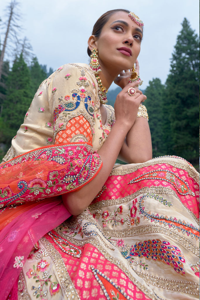 Cream & Pink Stone Embroidered Banarasi Silk Lehenga