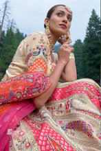Load image into Gallery viewer, Cream &amp; Pink Stone Embroidered Banarasi Silk Lehenga