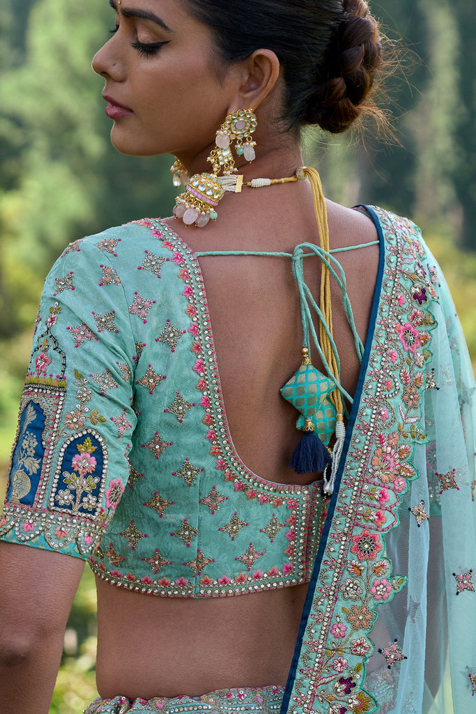 Angel Blue Heavy Embroidered Banarasi Silk Designer Lehenga Set