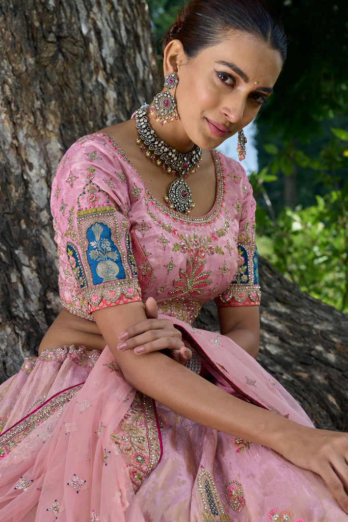 Pink & Baby Blue Silk Resham Embroidered Panelled Lehenga With Matching Duppata