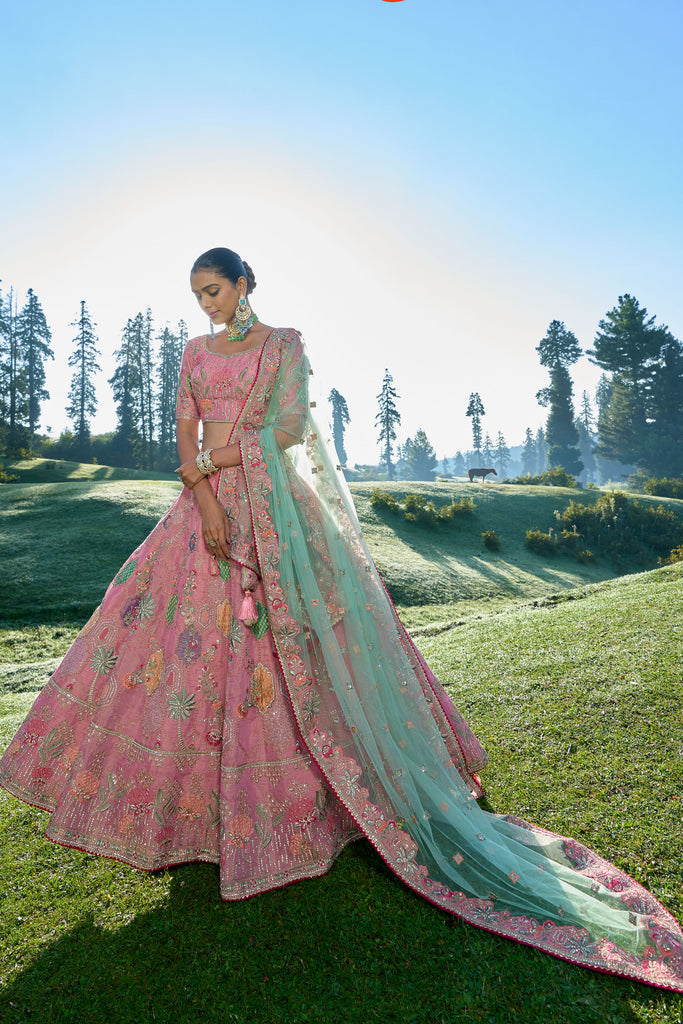 Light Pink With Mint Duppata Silk Resham Embroidered Panelled Lehenga