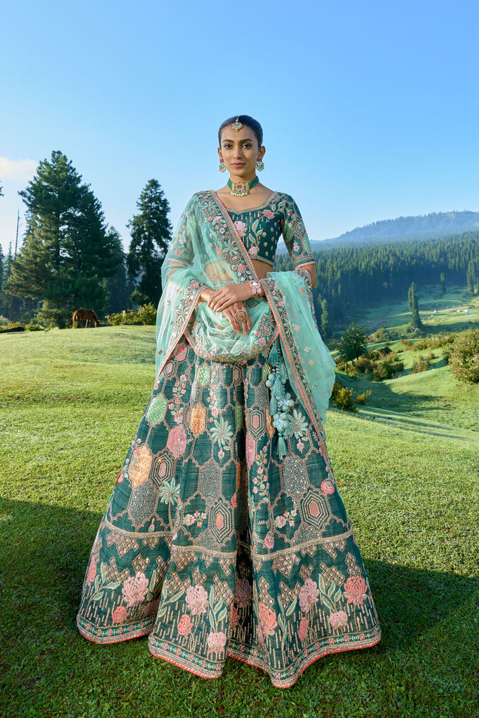 Green Silk Resham Embroidered Panelled Lehenga With Mint Duppata