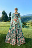 Green Silk Resham Embroidered Panelled Lehenga With Mint Duppata