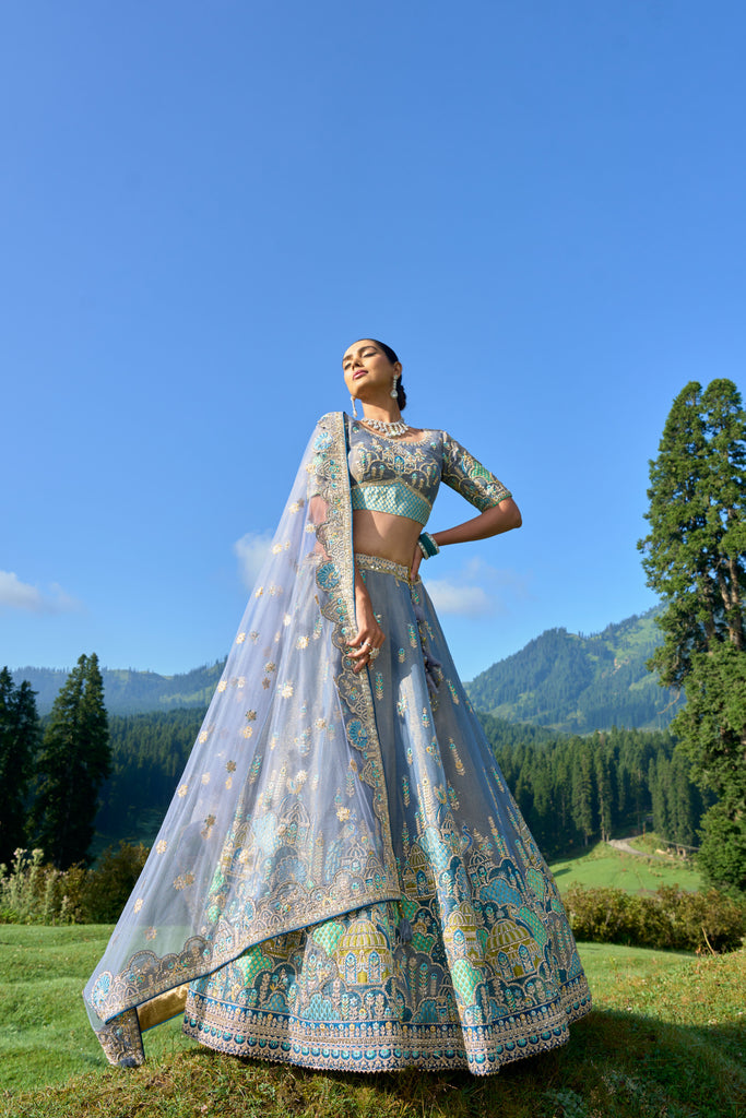Grey Silk Resham Embroidered Panelled Lehenga With Mint Duppata