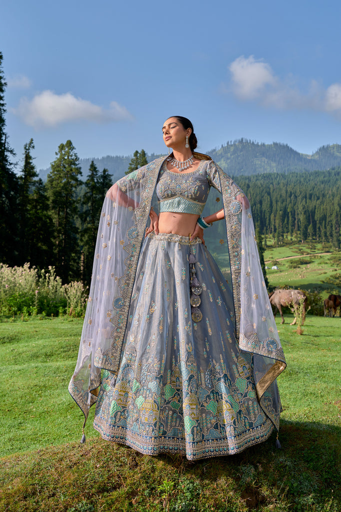 Grey Silk Resham Embroidered Panelled Lehenga With Mint Duppata
