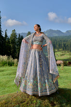 Load image into Gallery viewer, Grey Silk Resham Embroidered Panelled Lehenga With Mint Duppata