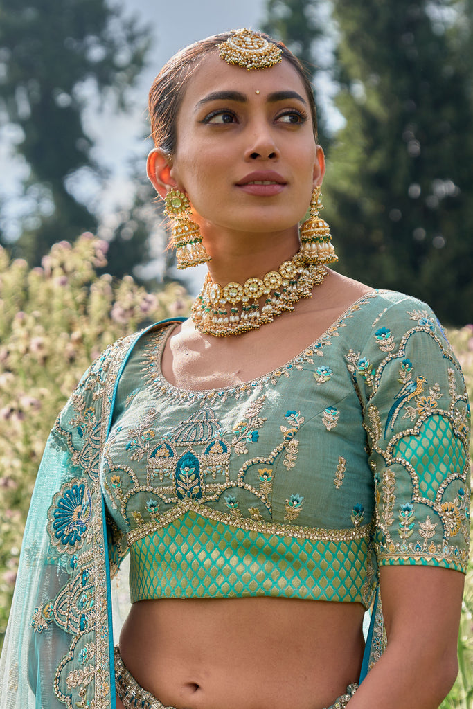 Sea Green Silk Resham Embroidered Panelled Lehenga With Matching Duppata