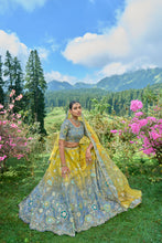 Load image into Gallery viewer, Yellow Grey Silk Resham Embroidered Panelled Lehenga With Matching Duppata