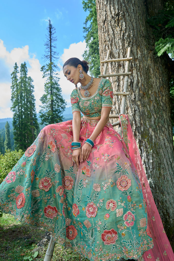 Pink & Sea Green Silk Resham Embroidered Panelled Lehenga With Matching Duppata