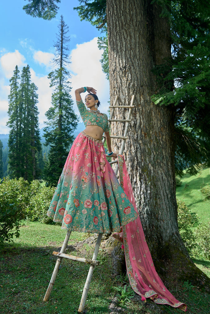 Pink & Sea Green Silk Resham Embroidered Panelled Lehenga With Matching Duppata