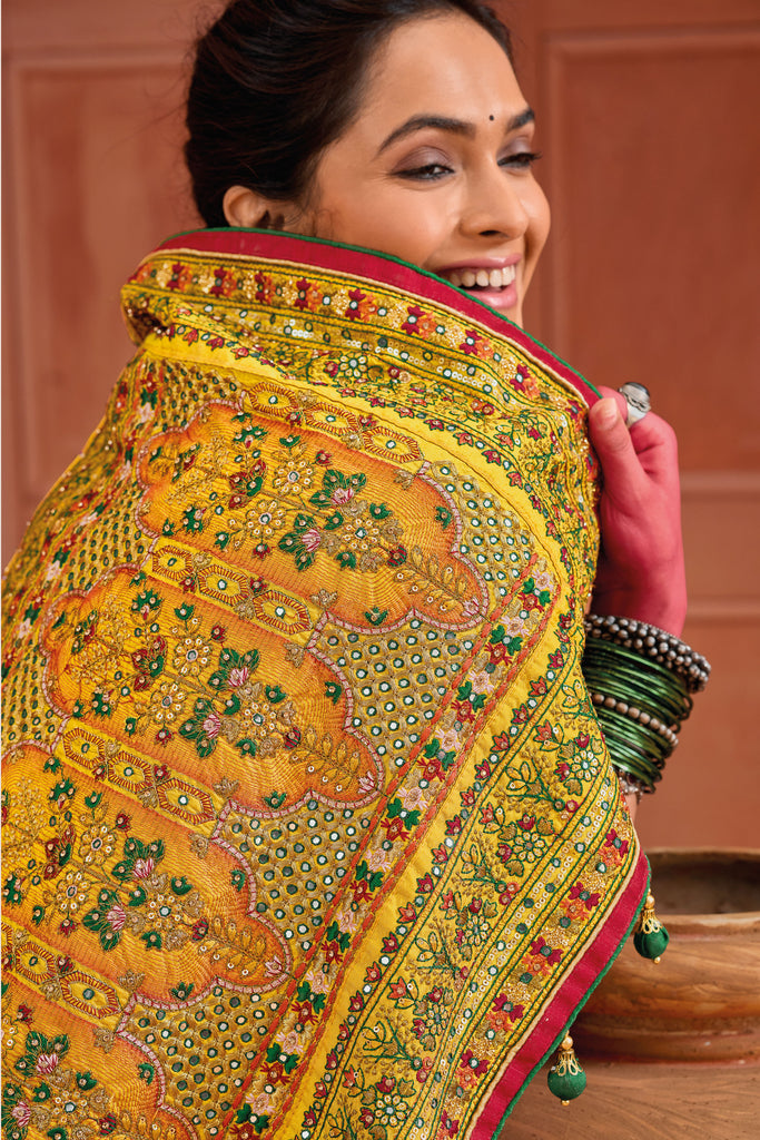 Haldi Yellow Designer Kutchi Embroidered Soft Georgette Saree with Grand Pallu