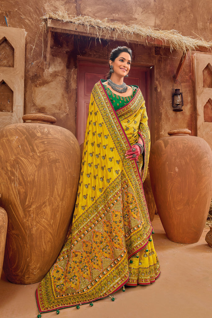 Haldi Yellow Designer Kutchi Embroidered Soft Georgette Saree with Grand Pallu