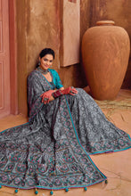 Load image into Gallery viewer, Heavy Work Dark Grey Thread Embroidered Silk Saree