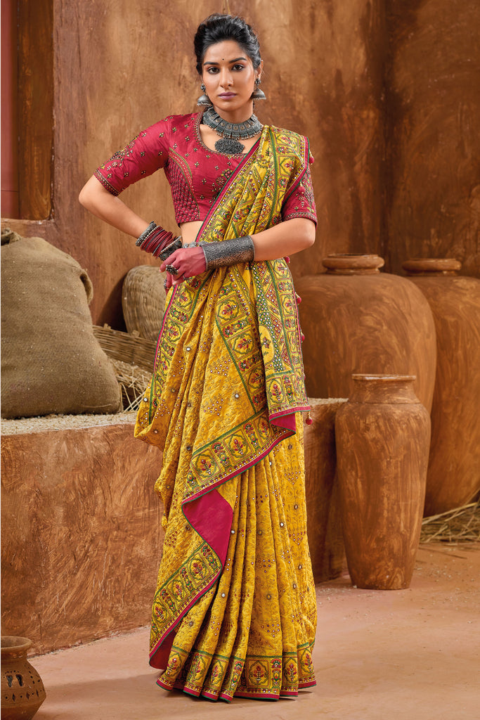 Yellow Embroidered Art Silk Saree With handwork Embroidery and Mirrors