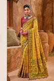 Yellow Embroidered Art Silk Saree With handwork Embroidery and Mirrors