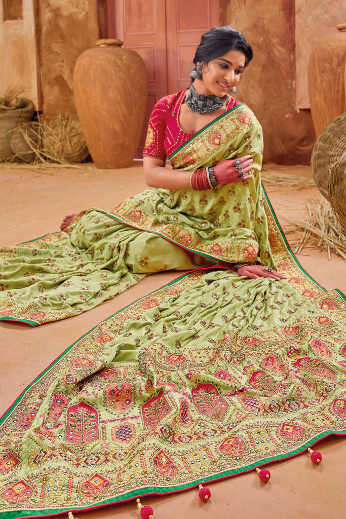 Mehendi Banarasi Silk Saree With Kutchi Work & Mirror Heavy Work