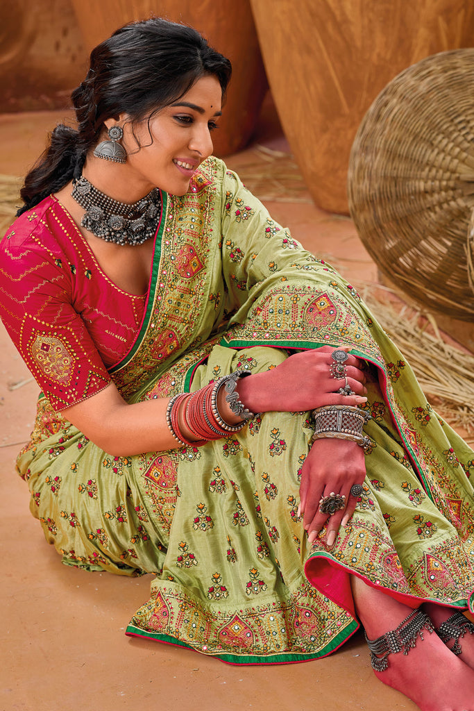 Mehendi Banarasi Silk Saree With Kutchi Work & Mirror Heavy Work