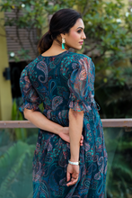 Load image into Gallery viewer, Teal Organza Floral Summer Maxi Dress