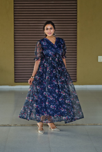 Load image into Gallery viewer, Navy Blue Floral Organza Floral Summer Maxi Dress