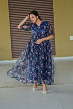 Load image into Gallery viewer, Navy Blue Floral Organza Floral Summer Maxi Dress