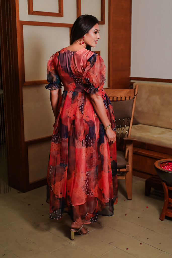Red And Navy Printed Organza Summer Maxi Dress