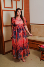 Load image into Gallery viewer, Red And Navy Printed Organza Summer Maxi Dress