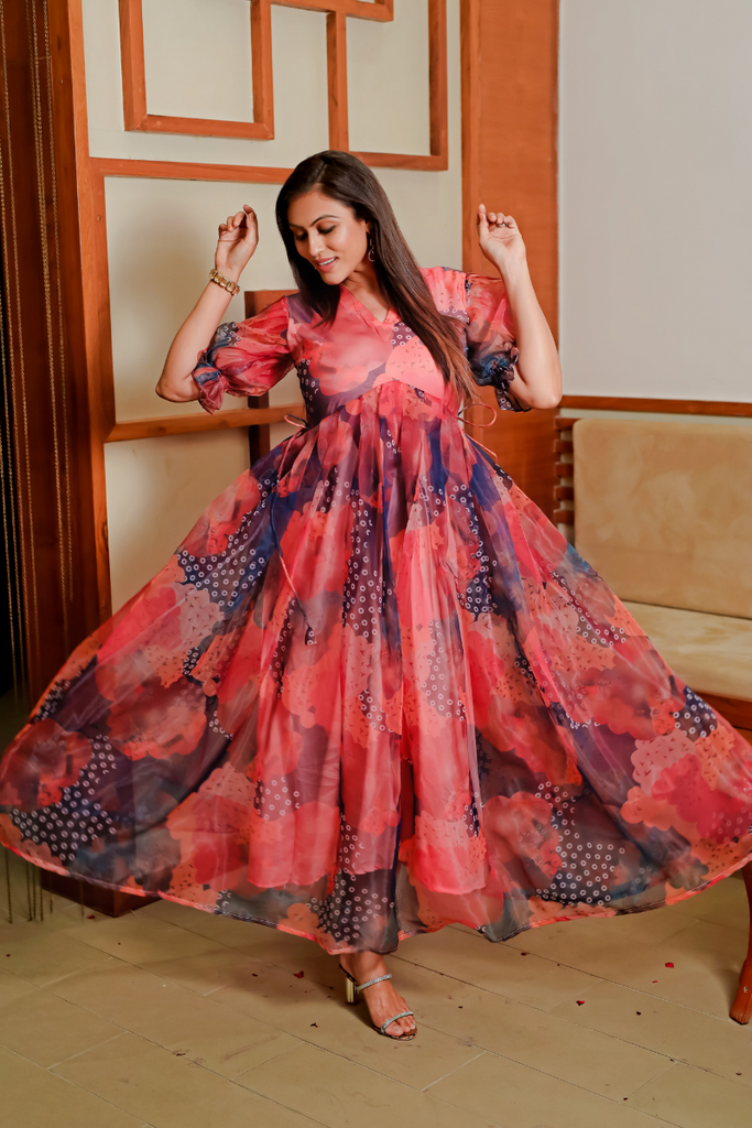 Red And Navy Printed Organza Summer Maxi Dress