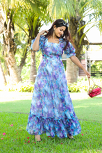 Load image into Gallery viewer, Purple Blue Floral Georgette Summer Dress