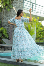 Load image into Gallery viewer, Sky Blue Floral Georgette Summer Dress