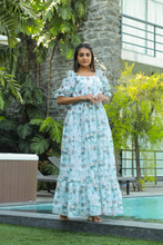 Load image into Gallery viewer, Sky Blue Floral Georgette Summer Dress