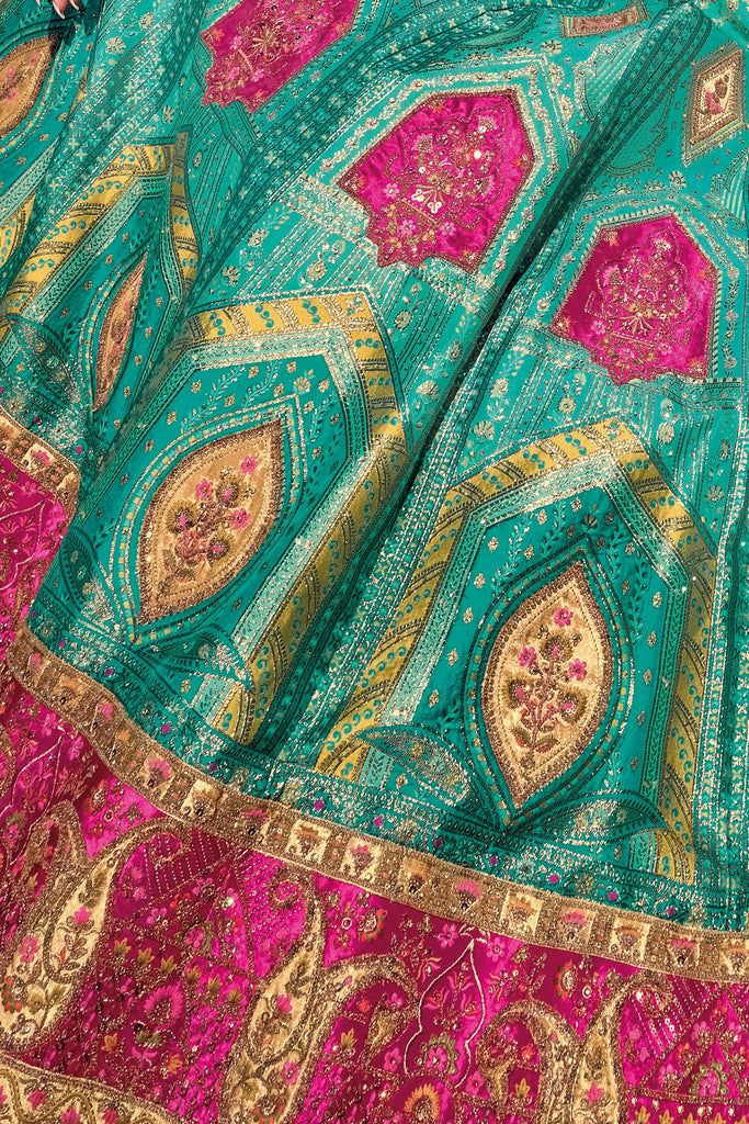Pink and Turquoise Banarasi Lehenga with Heavy Work