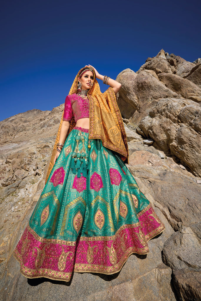 Pink and Turquoise Banarasi Lehenga with Heavy Work