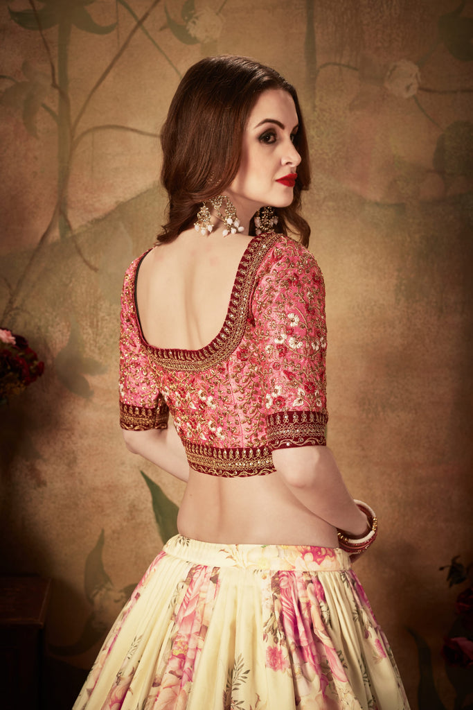 Beige With Pink Floral Embroidered Sequinned Lehenga & Unstitched Blouse With Dupatta