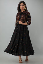 Load image into Gallery viewer, Jaanvi Black Gold Motif A-Line Casual Dress With Jacket