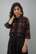 Load image into Gallery viewer, Jaanvi Black Gold Motif A-Line Casual Dress With Jacket