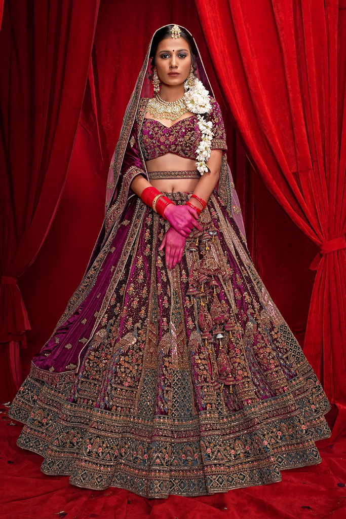 Purple Embroidered Bridal Velvet  Lehenga With Two Duppatas