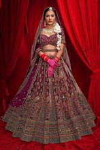 Load image into Gallery viewer, Purple Embroidered Bridal Velvet  Lehenga With Two Duppatas