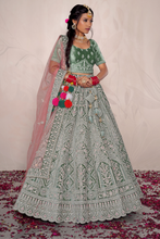 Load image into Gallery viewer, Pista Green Bridal Velvet Embroidery Lehenga