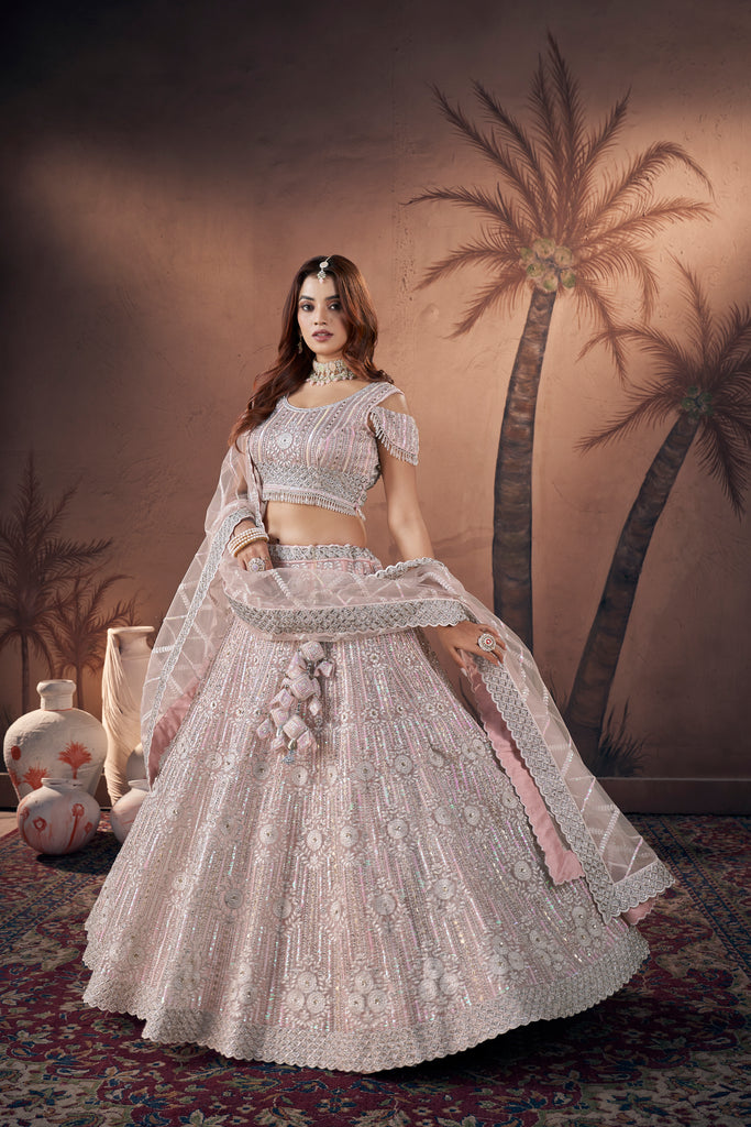 Pink Zari Sequence Handwork Bridal Lehenga With Blouse & Dupatta