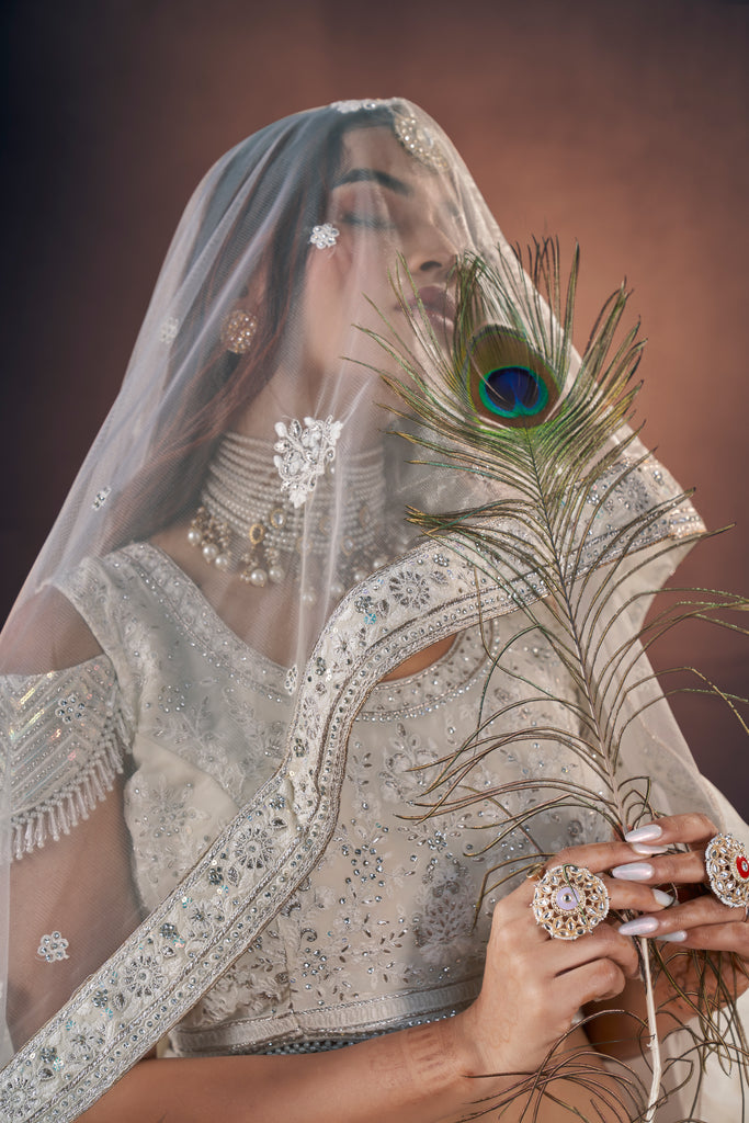 Off White Zari Sequence Handwork Bridal Lehenga With Blouse & Dupatta